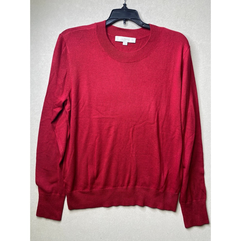 Loft Womens Red Crewneck Sweater Long Sleeve Ribbed Knit Top Size L
